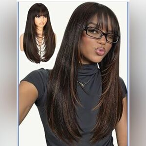 BRAND NEW Highlight Long Straight Layered Wig with Bangs Mixed Brown